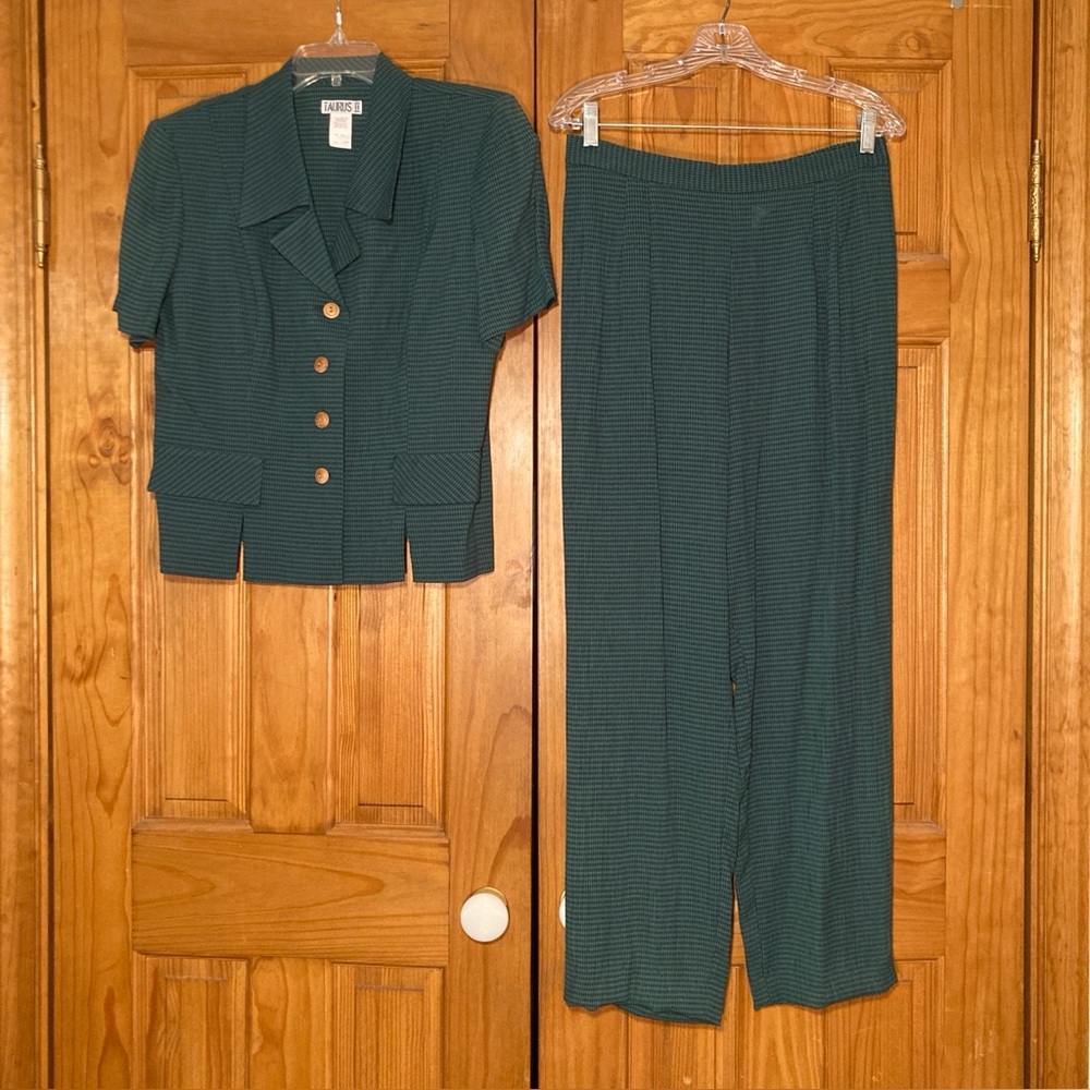 NWOT Taurus II Vintage 90s Short Sleeve Blouse and Pant Set Green Blue Size 14P